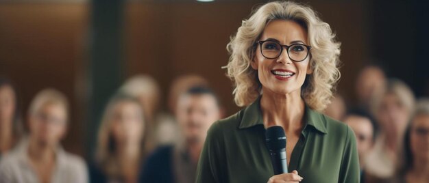 Photo a woman in glasses speaks into a microphone