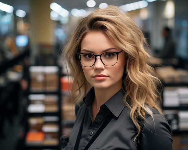 a woman in glasses standing in front of bookshelves