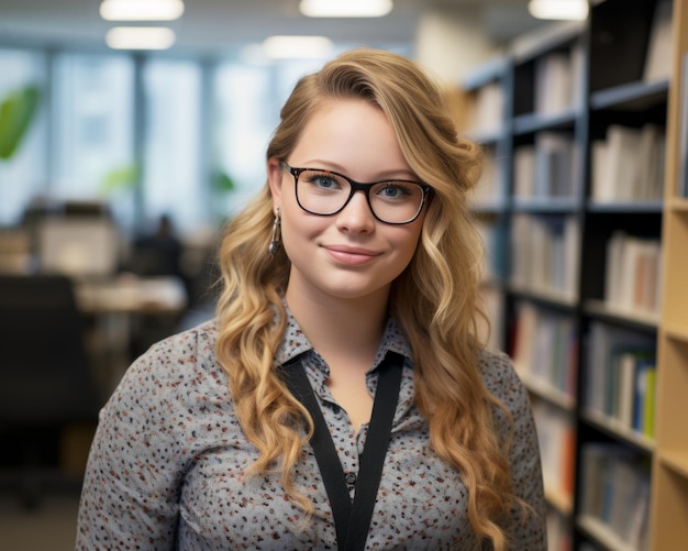 a woman in glasses standing in front of bookshelves