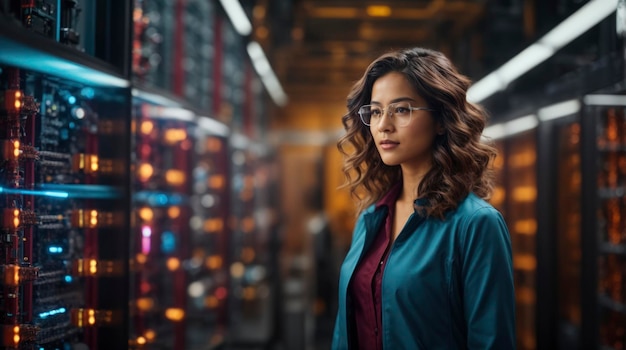 a woman in glasses standing in front of a row of servers in a data center