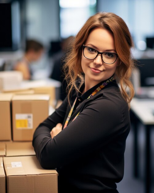 Photo a woman in glasses standing in front of a stack of boxes