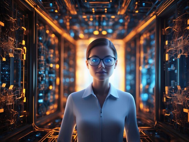 a woman in glasses standing in a room with many wires and wires