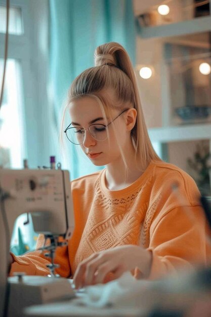 바느질 기계 에서 일 하는 안경 을 입은 여자