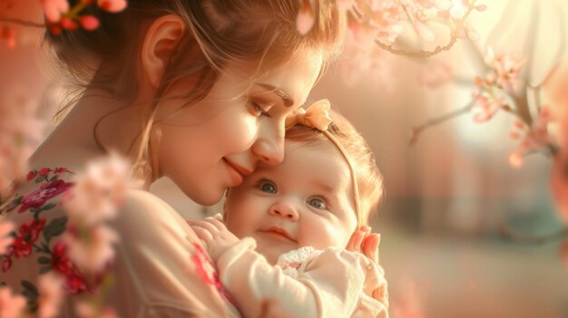 사랑과 기으로 빛나는 여자가 특별한 기회에 귀중한 아기를 품에 안고 행복합니다.