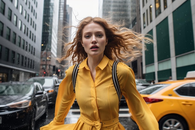 Photo woman going out in the city while it rains