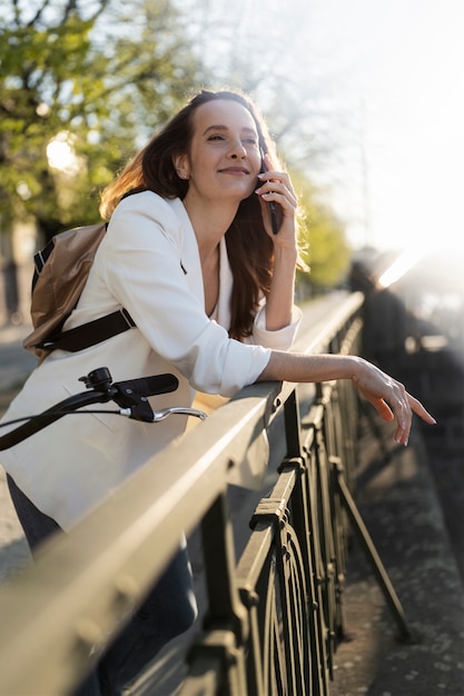 Woman going to work on bicycle