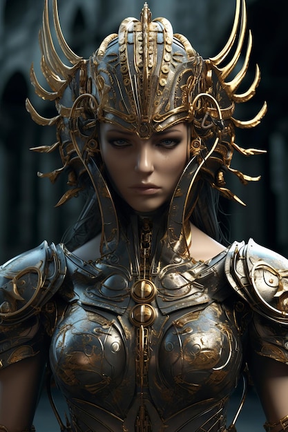 A woman in a gold armor with a crown on her head