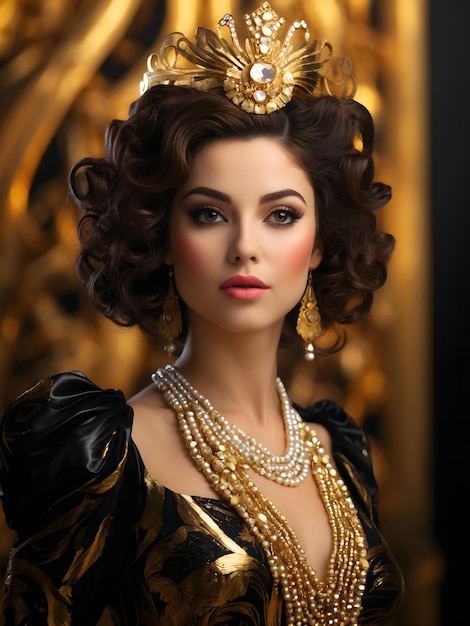Woman in Gold and Black Costume Glamorous Attire