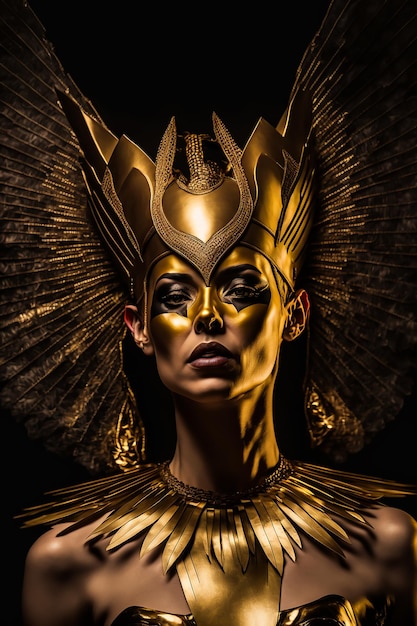 A woman in a gold costume with a gold headdress and a gold headdress