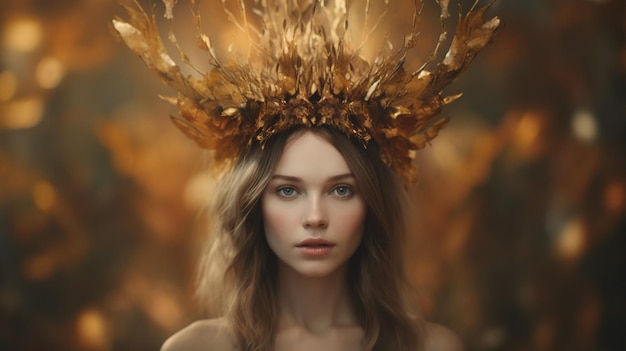 A woman in a gold crown stands in front of a blur