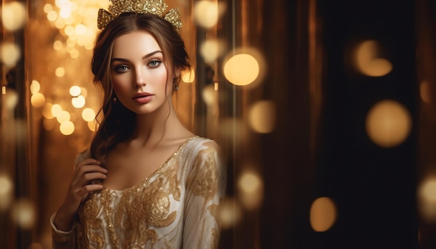 A woman in a gold crown stands in front of a gold curtain