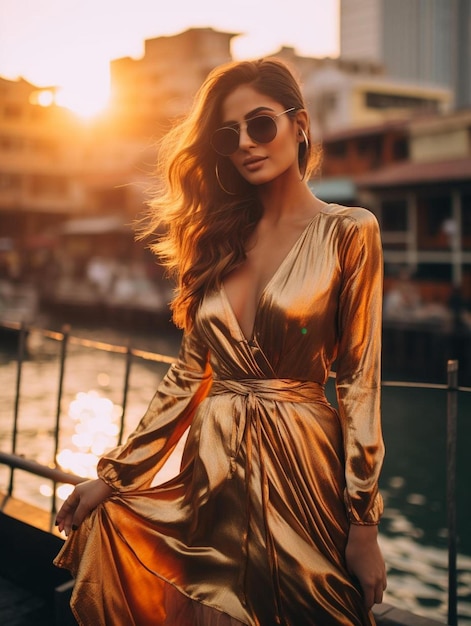 a woman in a gold dress by the water