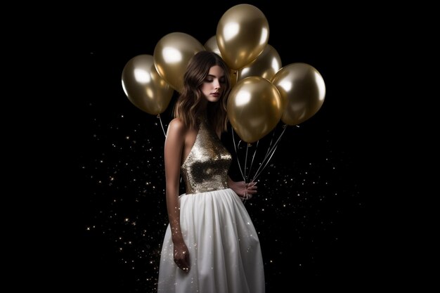 A woman in a gold dress holds balloons in the air.