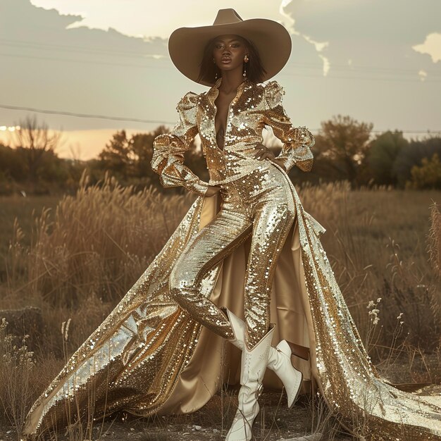 Photo a woman in a gold dress is standing in a field with a hat on