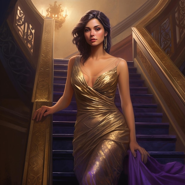 a woman in a gold dress is standing on a staircase.