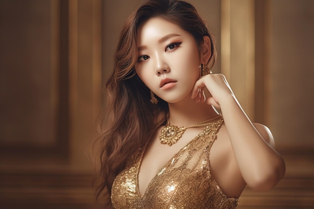 Woman in a gold dress stands in front of a gold background