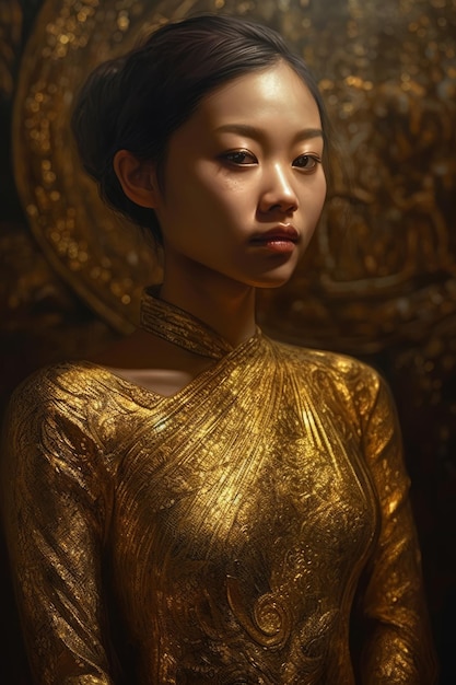 A woman in a gold dress stands in front of a gold wallpaper.