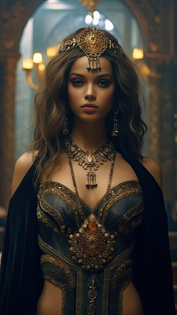 A woman in a gold dress with a blue cape and a gold necklace