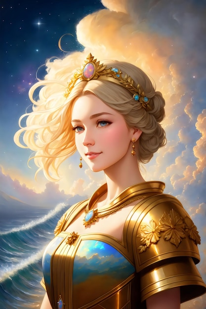 A woman in a gold dress with a gold crown and a blue sky with clouds.