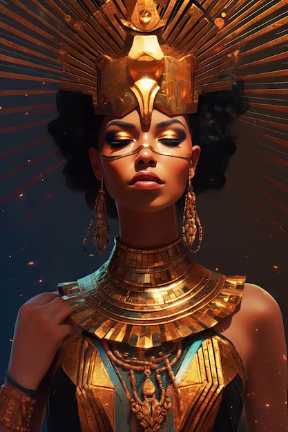 A woman in a gold mask and gold headdress stands in front of a glowing background