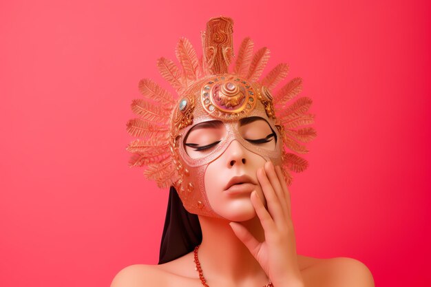 A woman in a gold and orange costume with a red background.