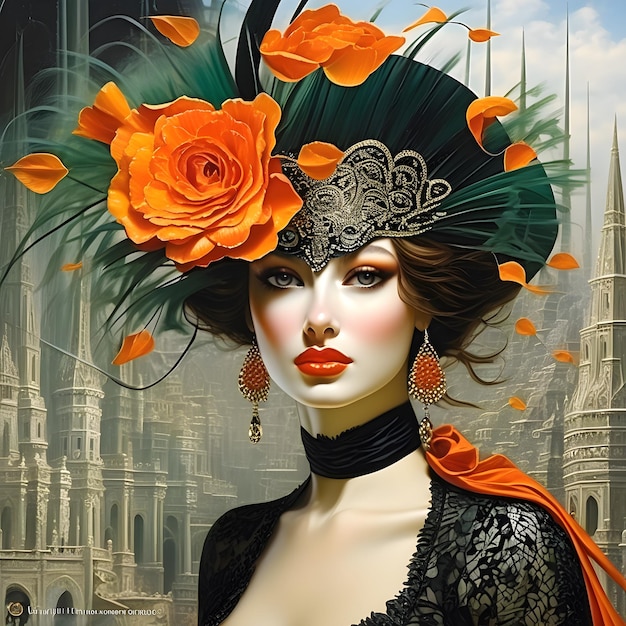 Женщина в золотом, оранжевом, красном и черном кружевном платье излучала элегантность и изысканность.