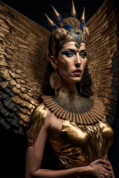 A woman in a gold outfit with wings and a gold headdress