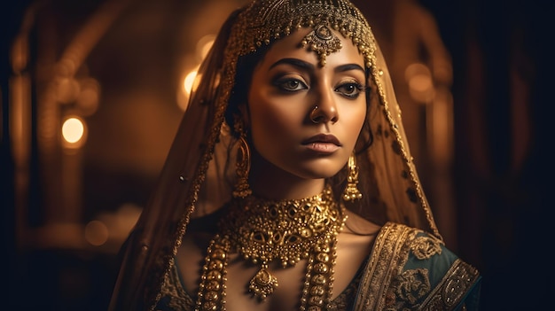A woman in a gold sari and a gold necklace