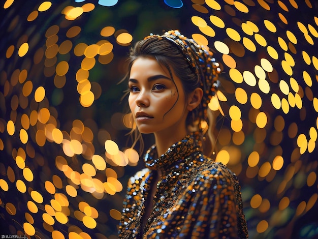 A woman in a gold sequined dress stands in front of yellow lights