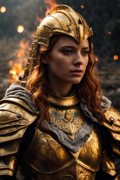 a woman in a golden armor stands in front of a fire.