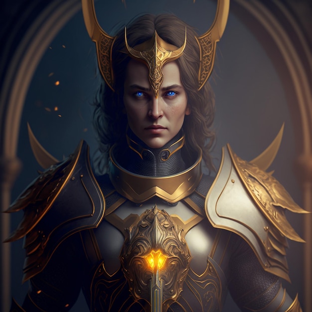 A woman in golden armor in the style of fantasy realism