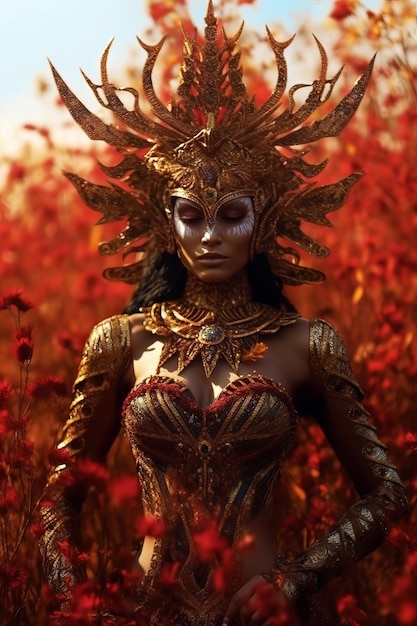 A woman in a golden costume with a crown and a red flower field in the background