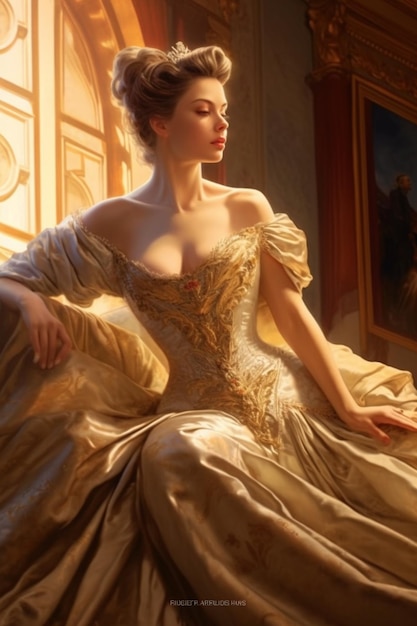 A woman in a golden dress by painting artist