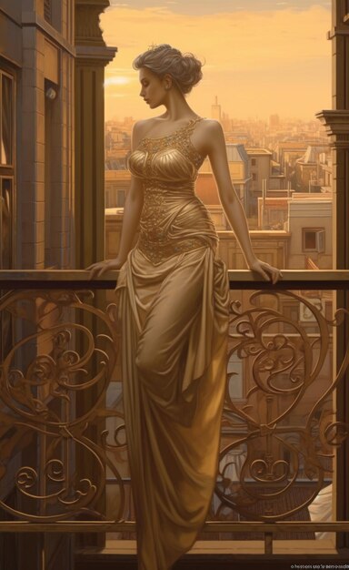 A woman in a golden dress is looking out a window.