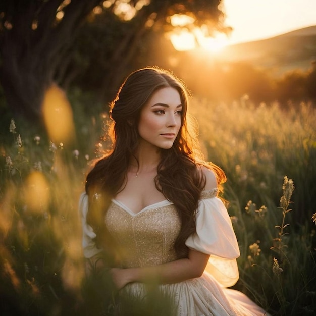 A woman in a golden dress sits in a field of grass and looks at the sunset.