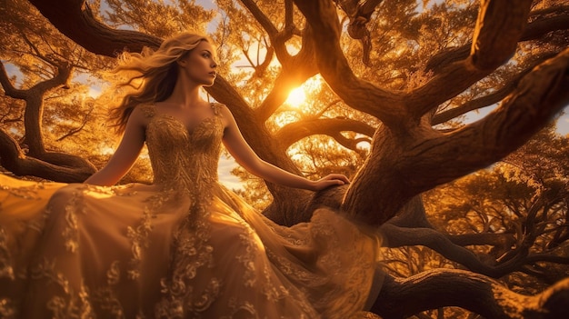 A woman in a golden dress sits on a tree branch in a golden sunset