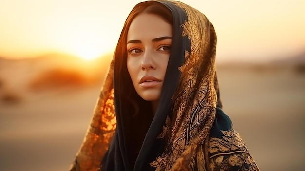 A woman in a golden shawl stands in a desert at sunset.