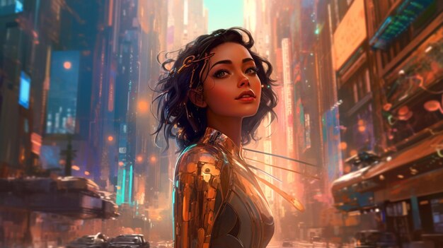 A woman in a golden suit stands in the middle of a city.