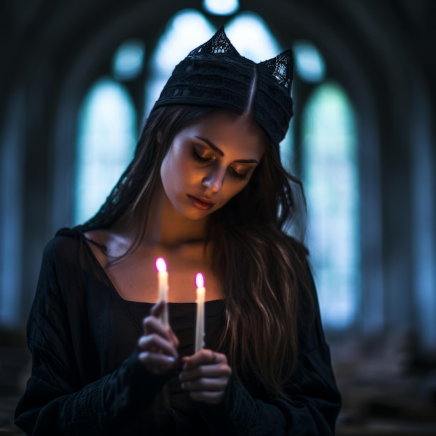 a woman in a gothic dress holding two lit candles