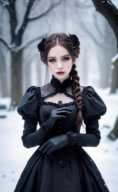 a woman in a gothic style dress with a black cape.