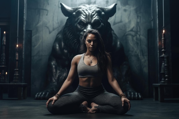 Foto una donna si tiene in equilibrio con grazia in una posa yoga mentre è circondata dalla presenza di una maestosa statua di un orso. una donna forte che fa yoga nello studio generato dall'intelligenza artificiale
