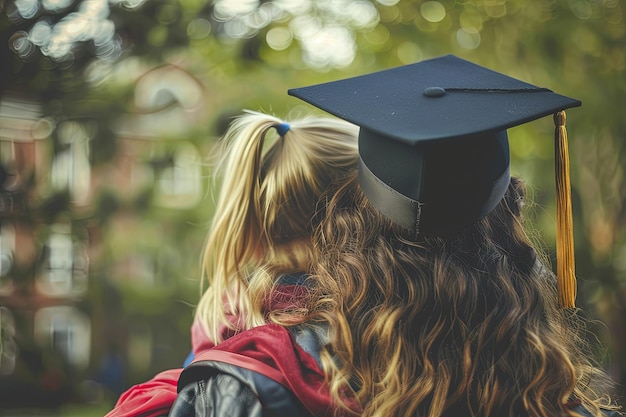 A woman in a graduation cap and gown hugging a young girl