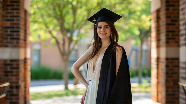 Photo a woman in a graduation cap and gown is smiling