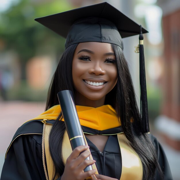 Photo a woman in a graduation cap holding a flute