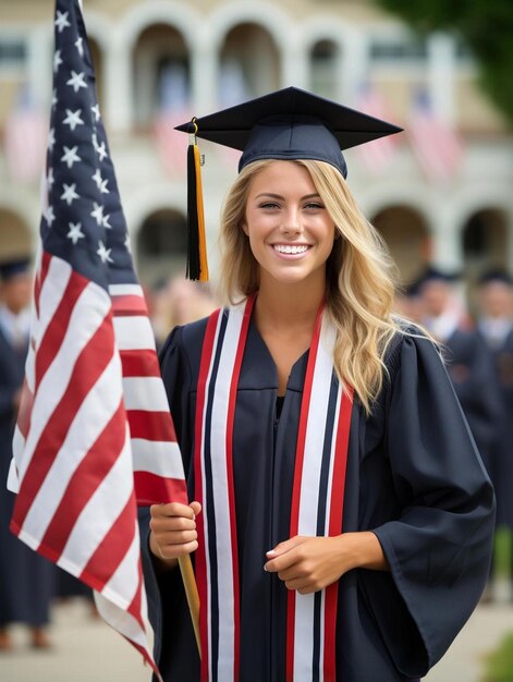 Foto una donna con un berretto di laurea tiene una bandiera