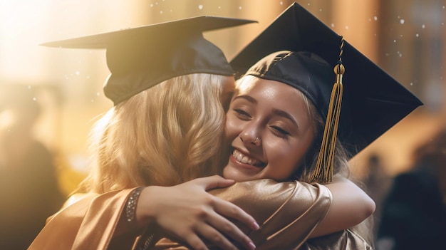 A woman in a graduation cap hugs a woman.