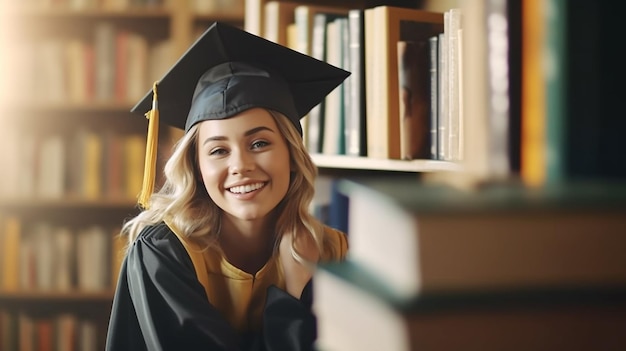 A woman in a graduation cap sits in a library.