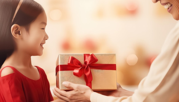 woman and grandmother giving gift to granddaughter christmas presents