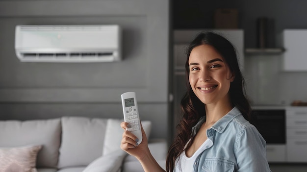 Photo a woman grasping a remote control for an air conditioner