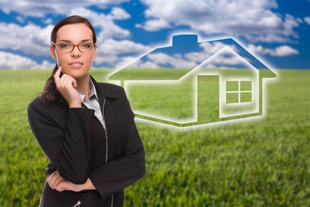 Woman and Grass Field with Ghosted House Figure Behind